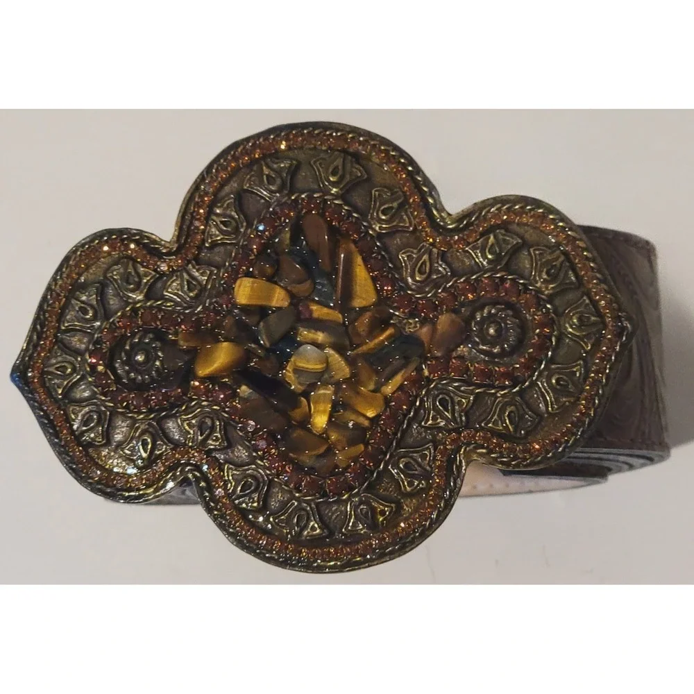 NWOT Leatherock Women's Y2K-era Tiger Eye Chip Gemstone Embossed Leather Belt